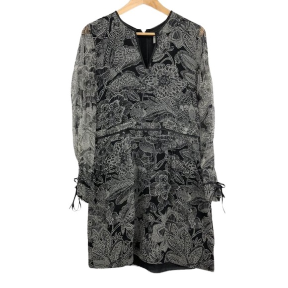 Veronica Beard Black and White Chiffon sheer Long Sleeve floral Silk Mini dress - Picture 1 of 16